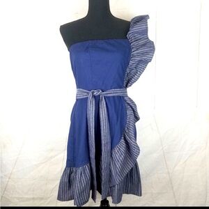 One shoulder denim-blue colored ruffle dress